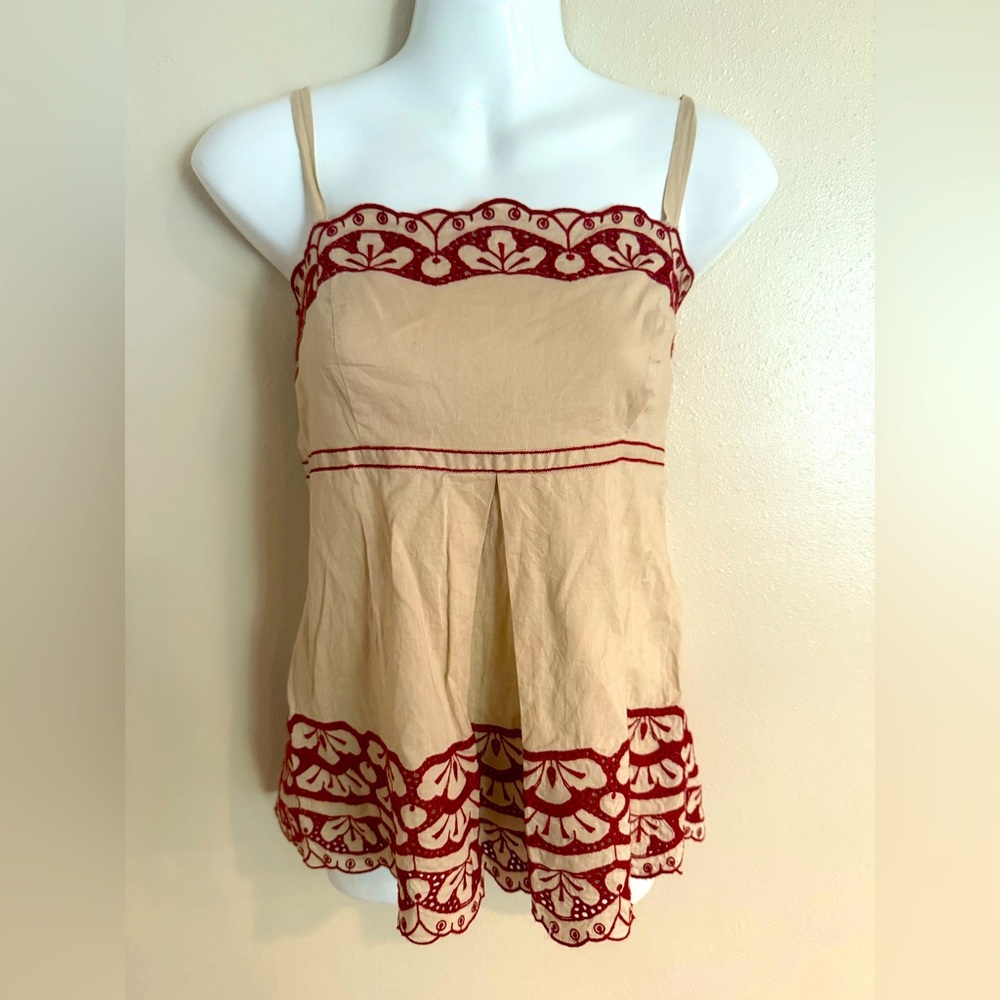Ann Taylor Spaghetti Strap Cami Top – Beige with Red Embroidery – Size 4. Zip